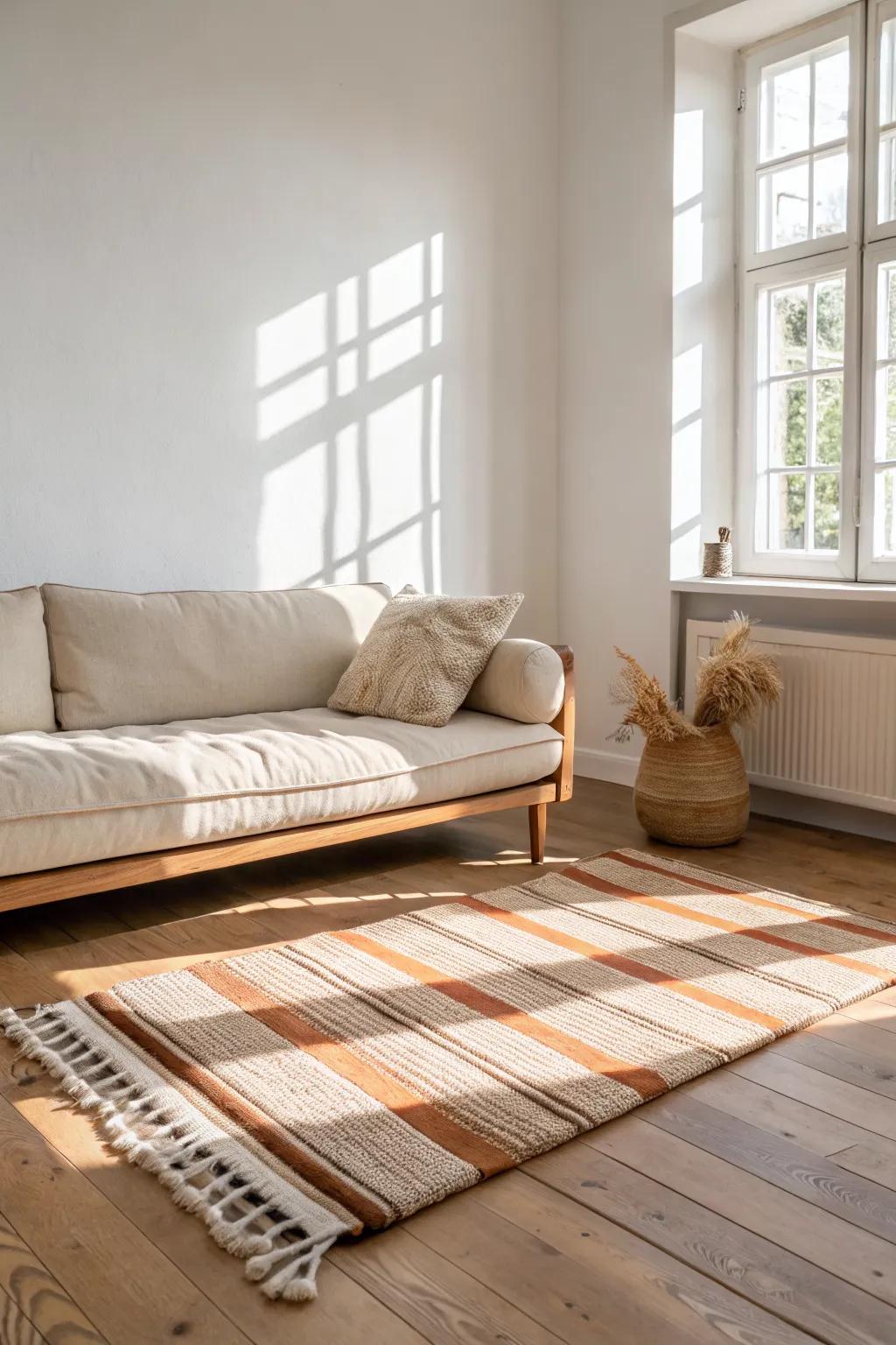 A slim bolster dog bed behind the sofa—secret lounge vibes without stealing any floor space.