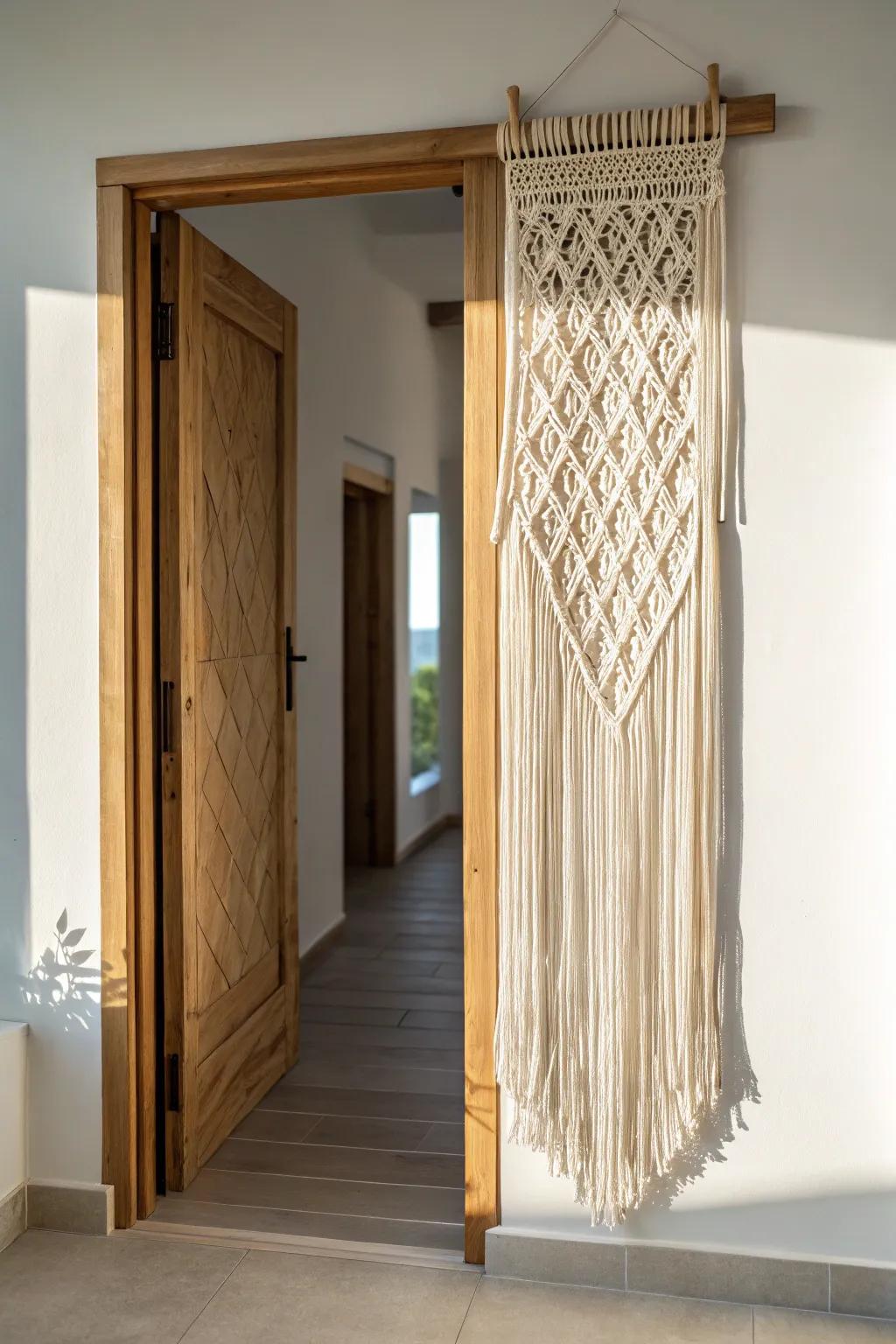 Airy macramé doorway panel adds privacy and boho texture without closing in a small space.