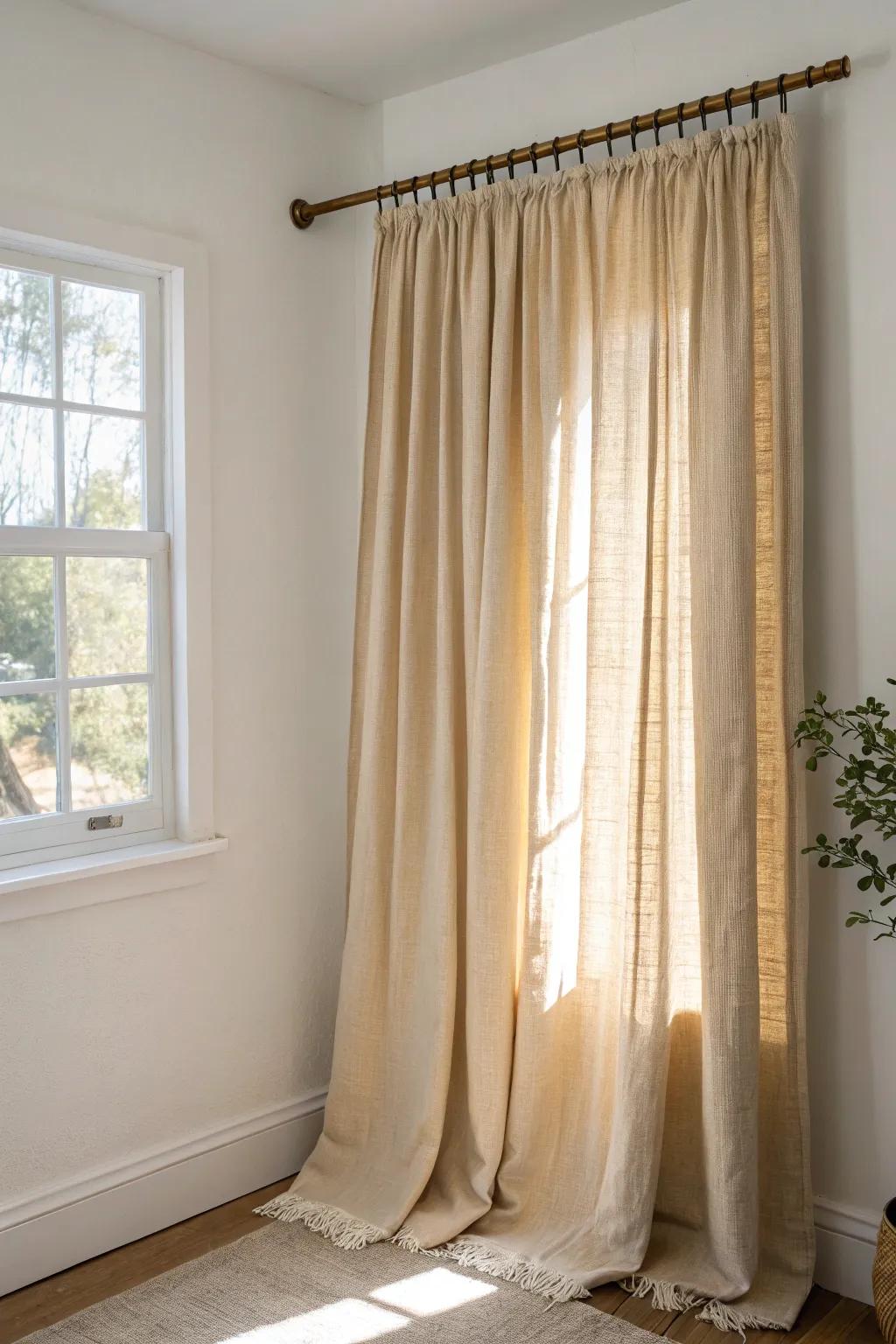 A full linen curtain panel turns a plain dorm wall into a soft, cozy backdrop in minutes.