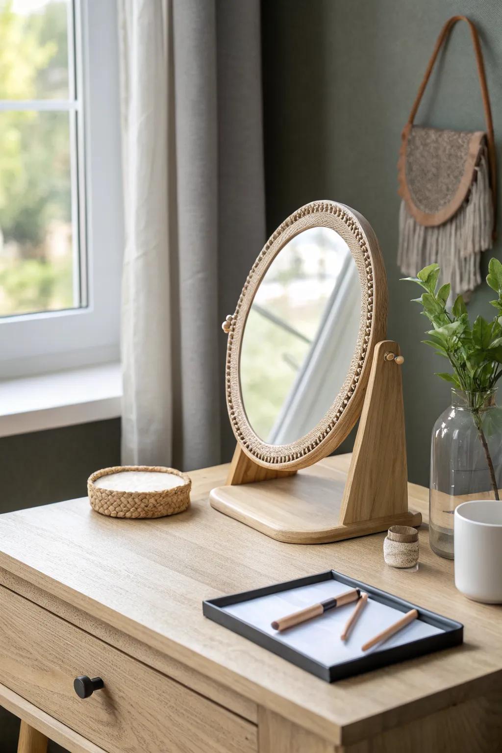 Turn your dorm desk into a vanity with a compact mirror and a simple tray—no extra space needed.