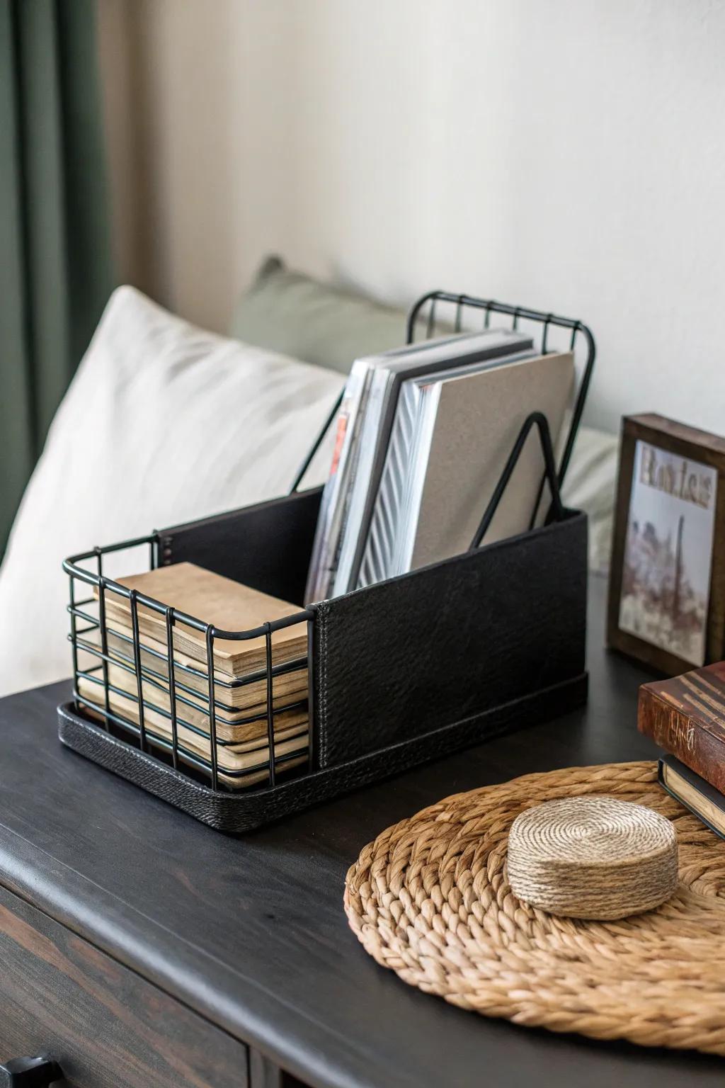 Industrial edge for a guy dorm: matte black metal organizer on dark wood, clean and sharp.