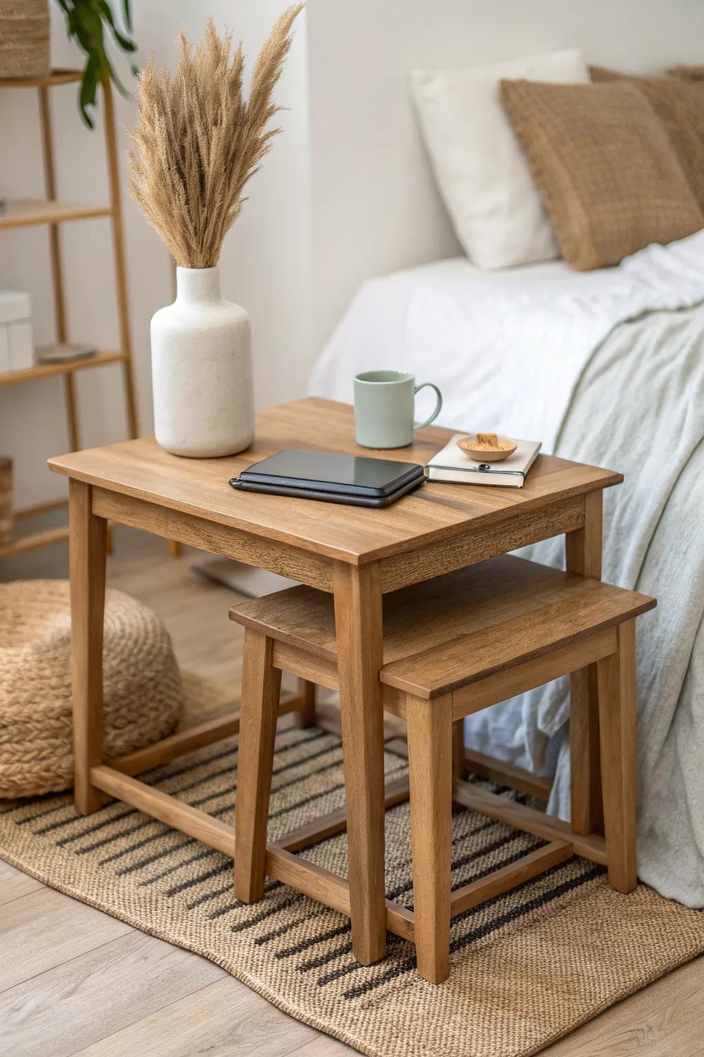 Light-oak nesting tables: coffee up top, laptop below—then slide together for instant floor space.