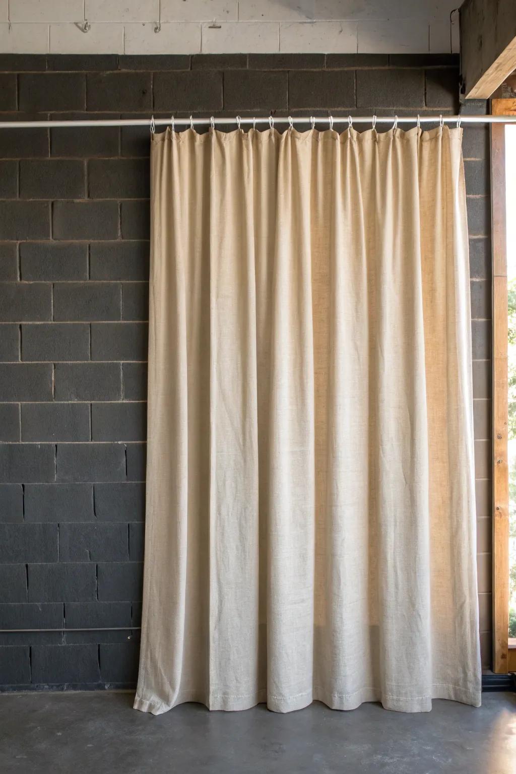A floor-to-ceiling linen curtain wall instantly softens harsh dorm walls into calm, cozy style.