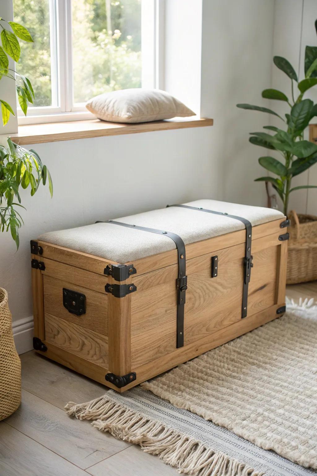 A sleek wooden trunk hides bulky gear and becomes extra seating in a small dorm.