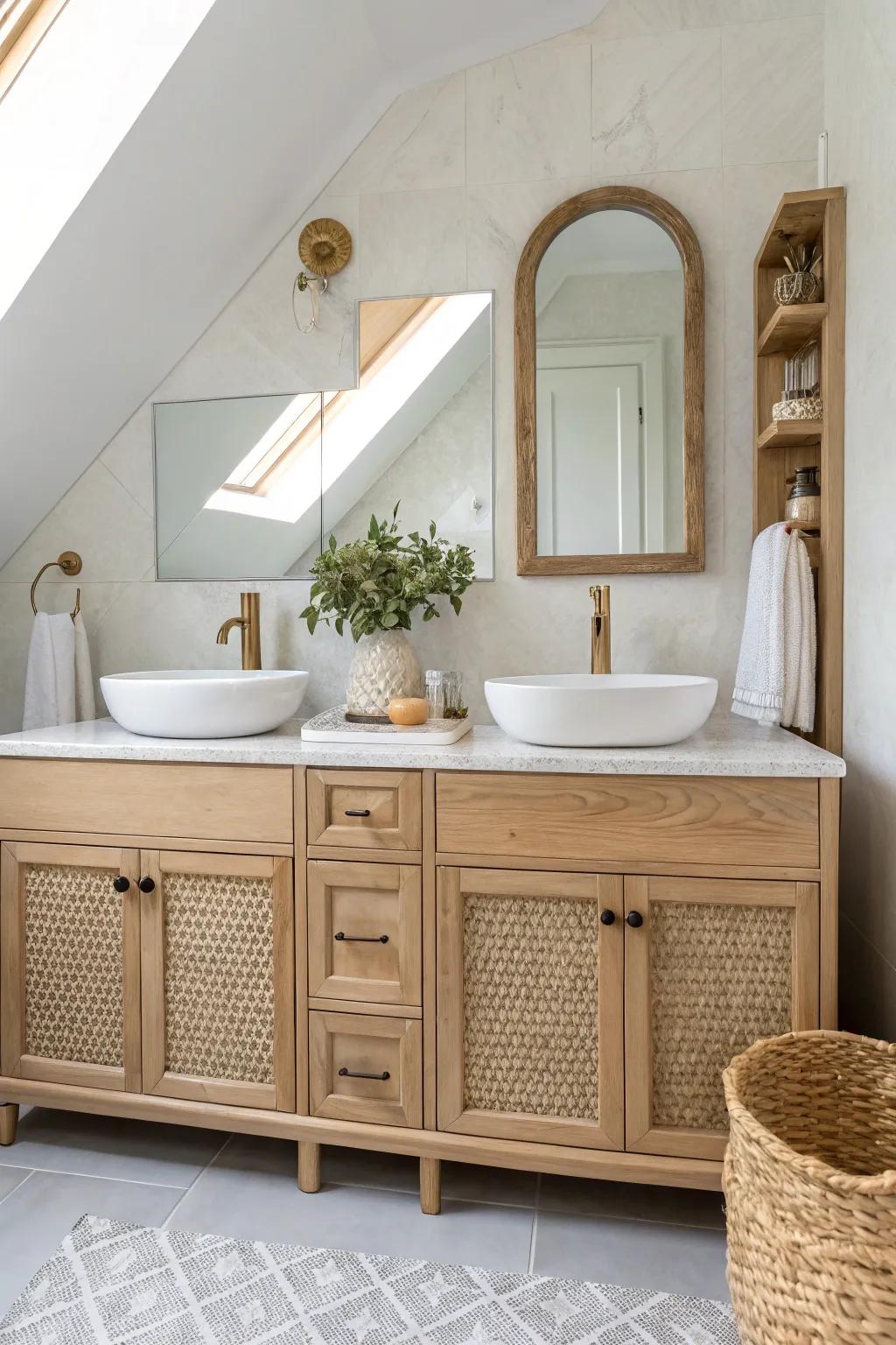 A double vanity under the eaves—use the tallest side for mirrors and smart storage.