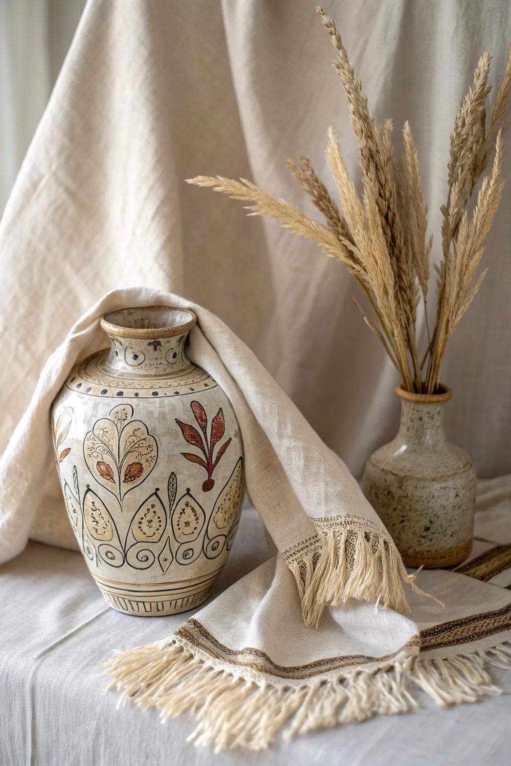 Discover the art of mixed media with this stunning clay and textile masterpiece. #MinimalistElegance #BohoChic
