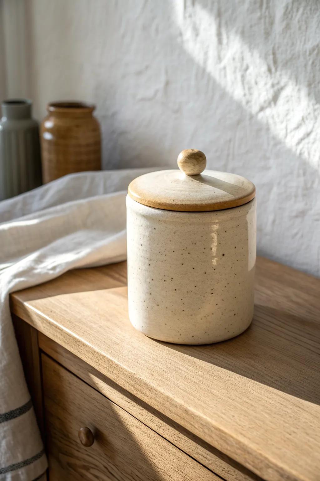 Handmade lidded canister on a dresser—hide daily essentials and keep the surface serene.