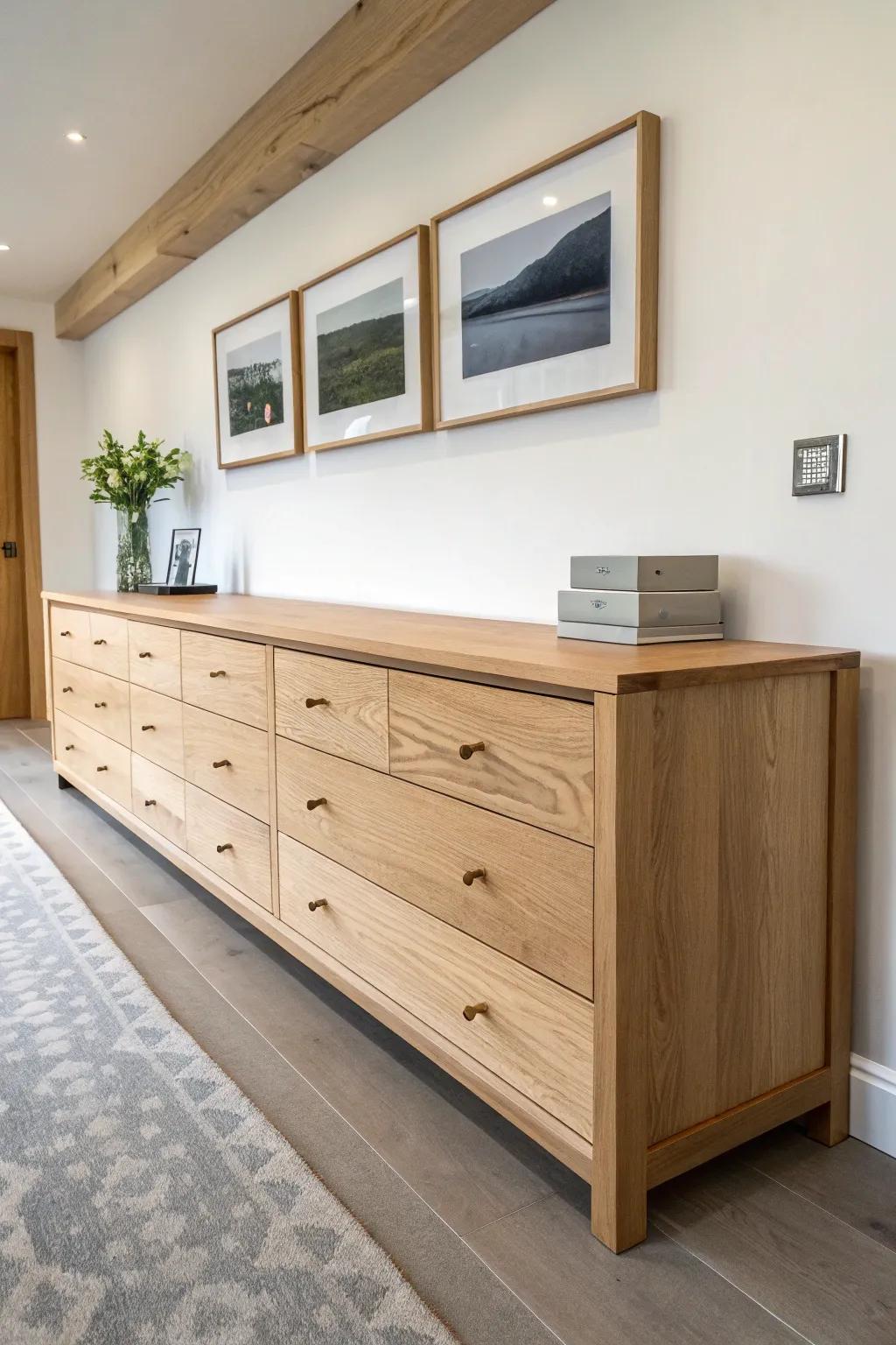 Two matching dressers side by side create a seamless built-in console—no custom carpentry needed.