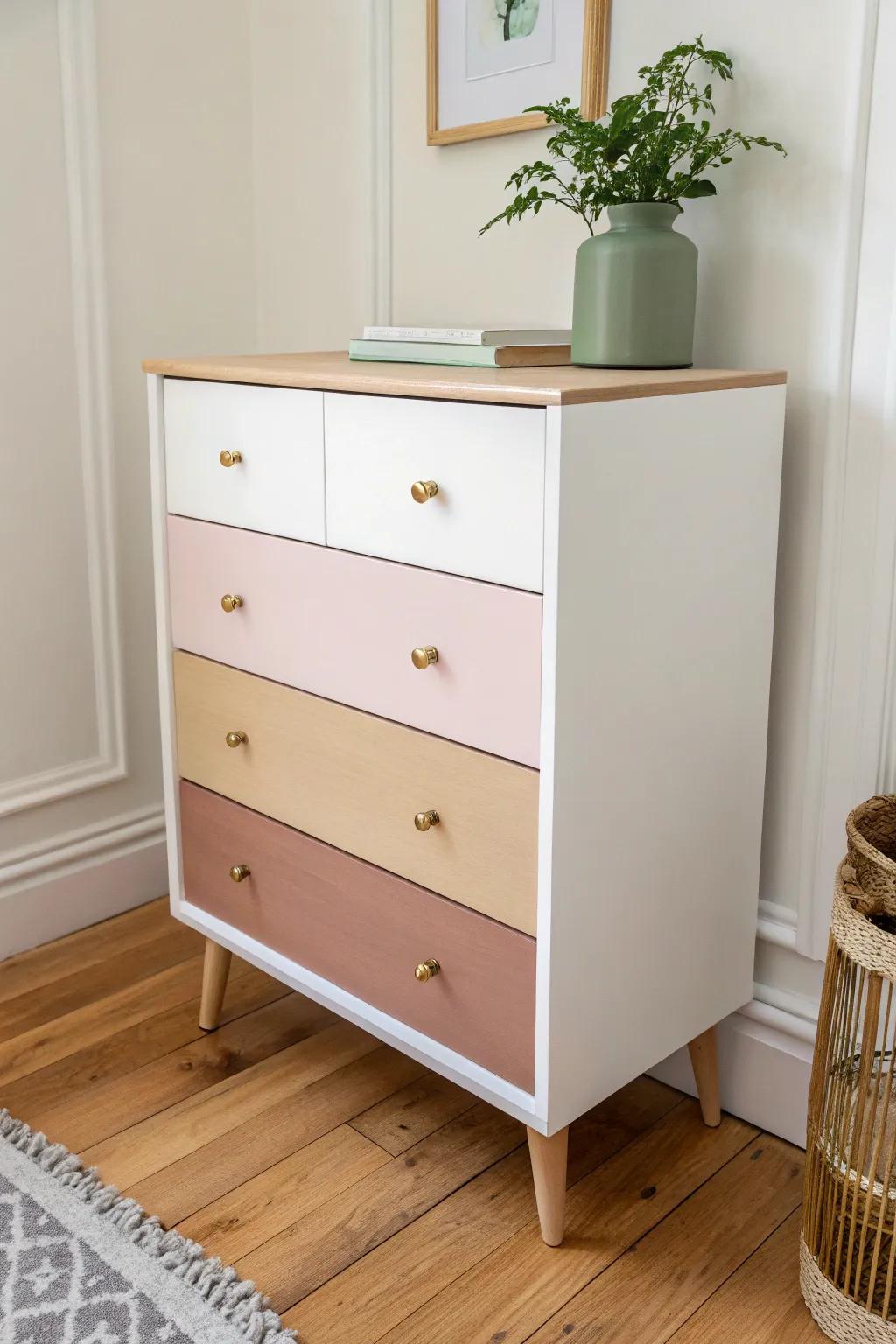 Rental-friendly color: painted drawer fronts only on a neutral frame—light, airy, small-space win.