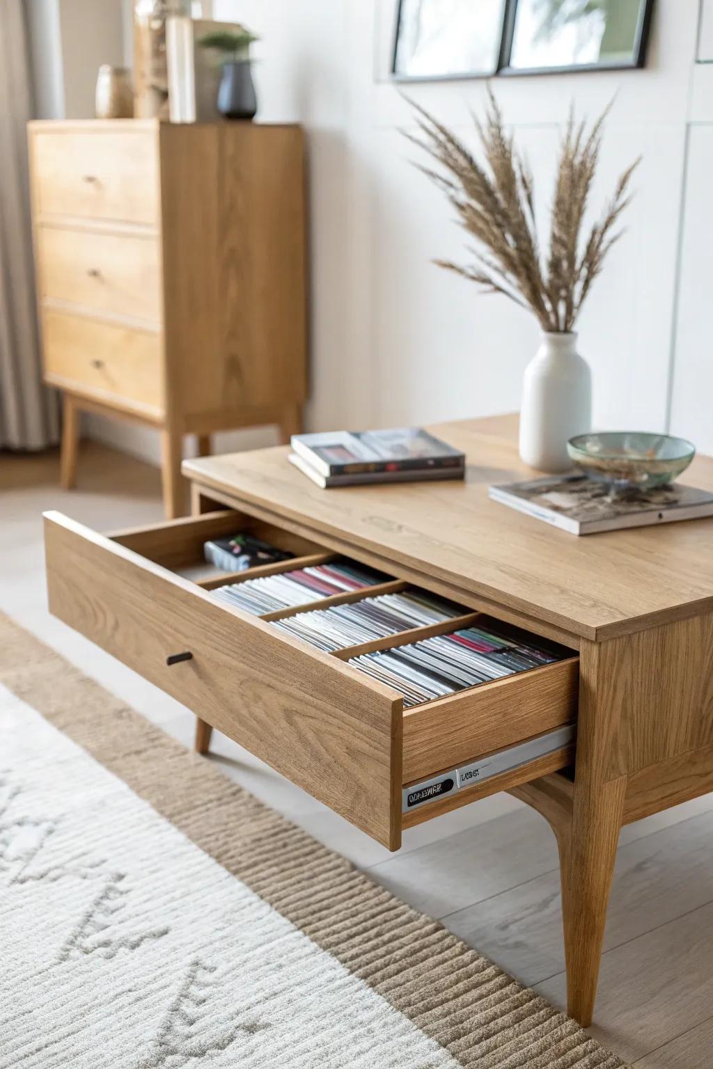 Hidden coffee-table drawer insert keeps DVDs tidy and off shelves—perfect for small spaces.