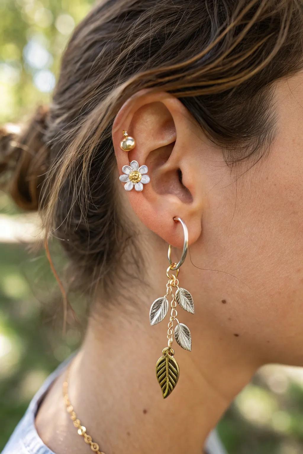 Embrace nature's elegance with a stunning ear stack inspired by leaves and flowers. Perfect for your outdoor adventures!