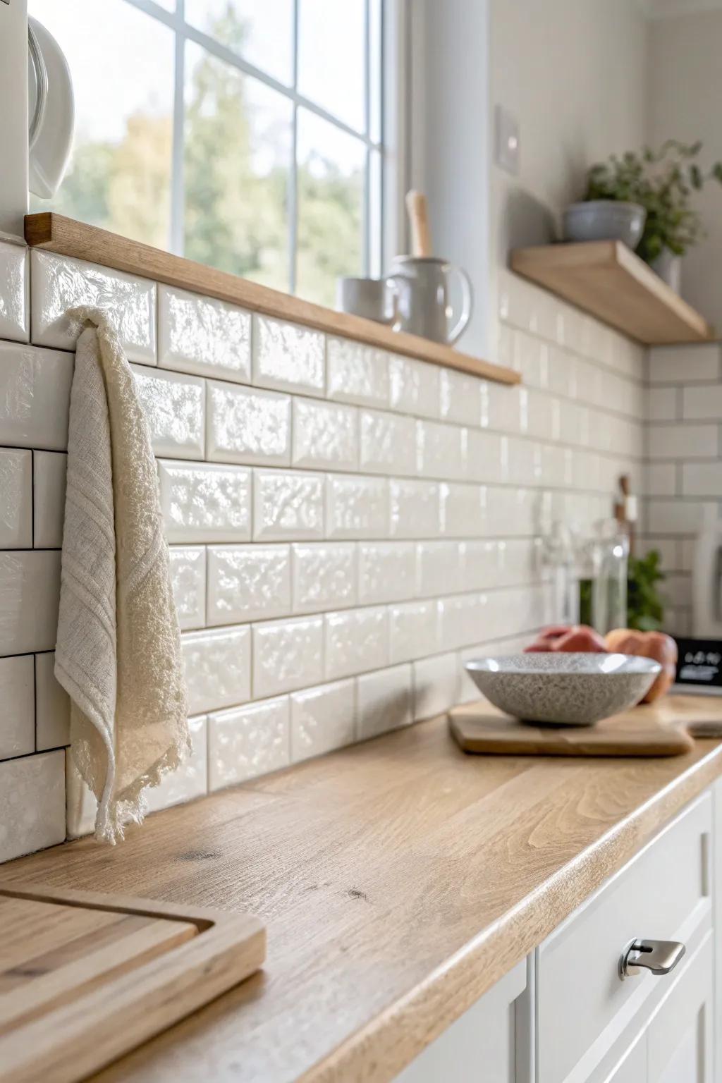 A reflective backsplash tile sample that brightens a small kitchen by bouncing light beautifully.