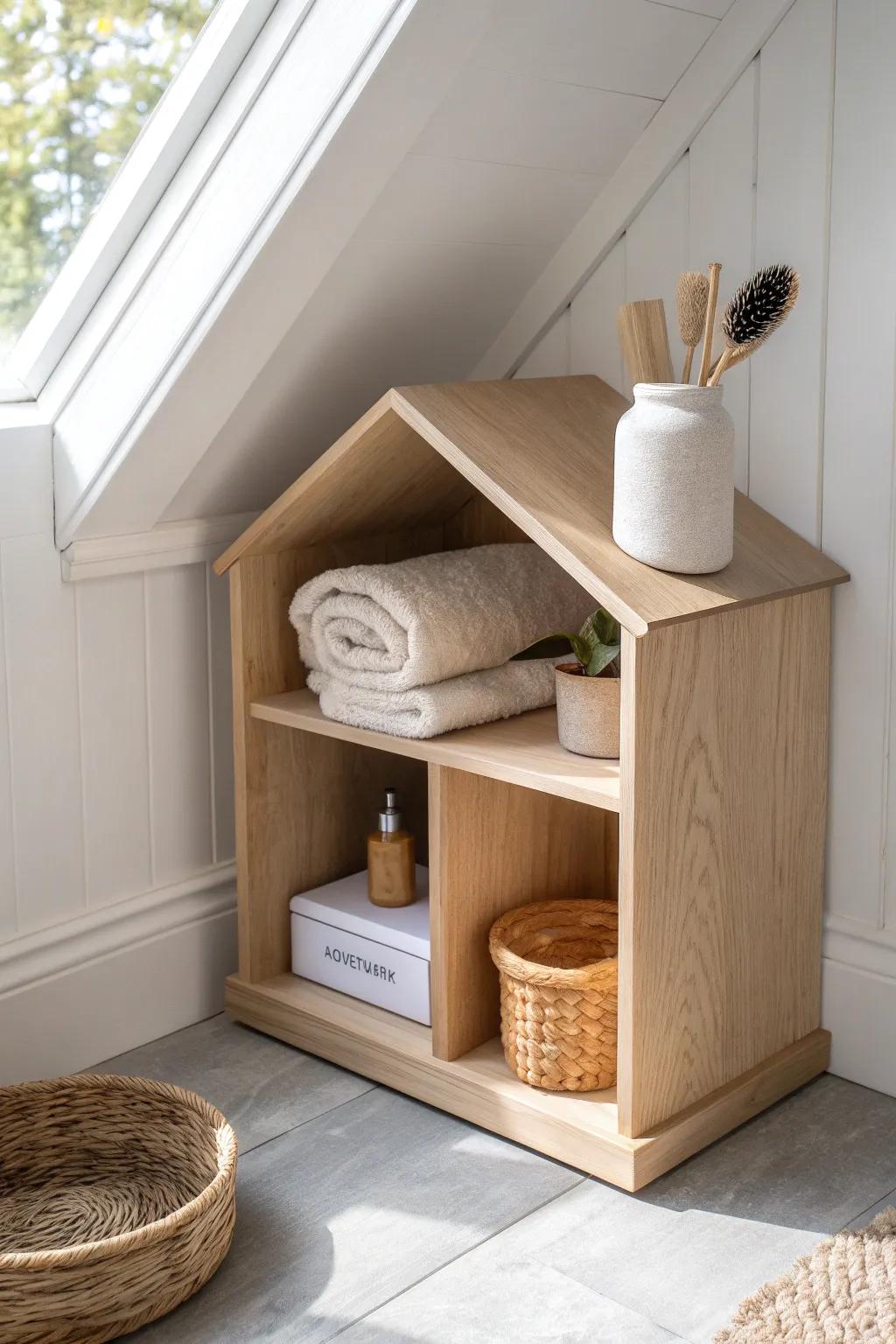 A sloped-corner eaves cubby that keeps pet food, brushes, and towels beautifully contained.