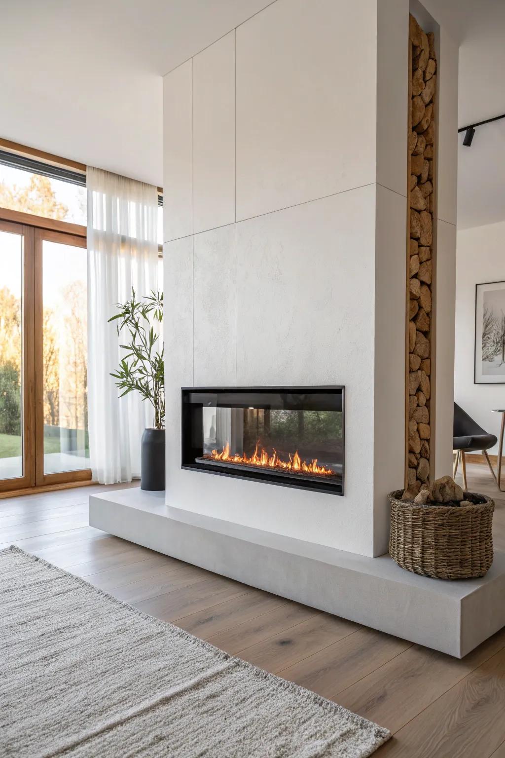 A slim divider wall makes a mounted electric fireplace the perfect studio focal point.
