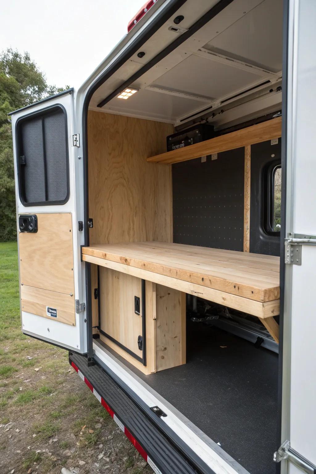 Rear-door fold-out workbench: a sleek, space-saving station that unfolds in seconds.