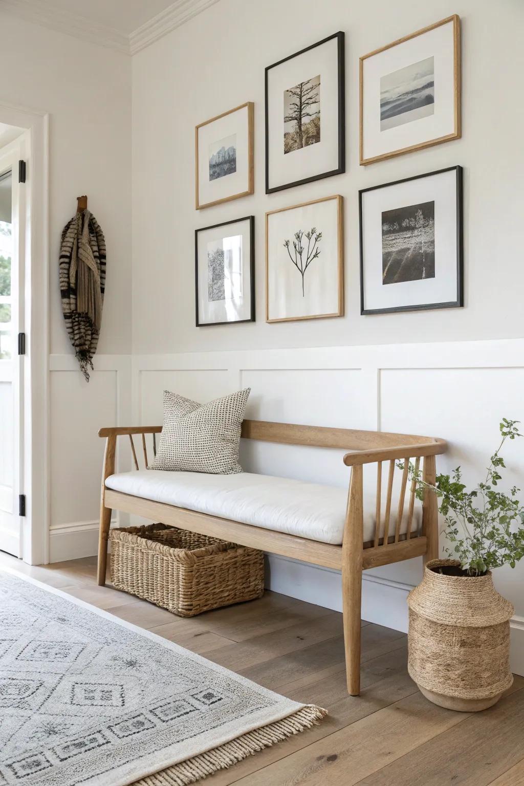 A light oak bench with a tight neutral gallery wall—entryway charm without taking space.