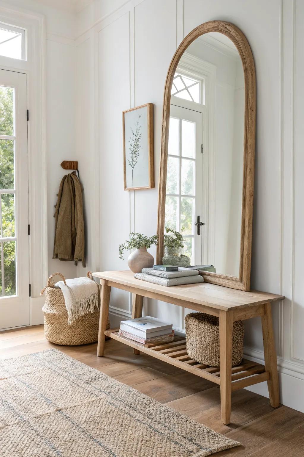 Layered art on a simple entryway bench adds depth and a collected, minimalist vibe.
