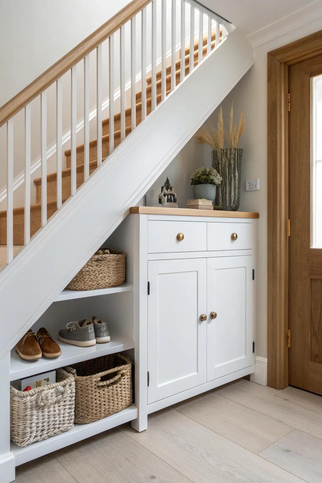 Built-in look under the stairs—sleek entryway cabinet for shoes and seasonal gear.