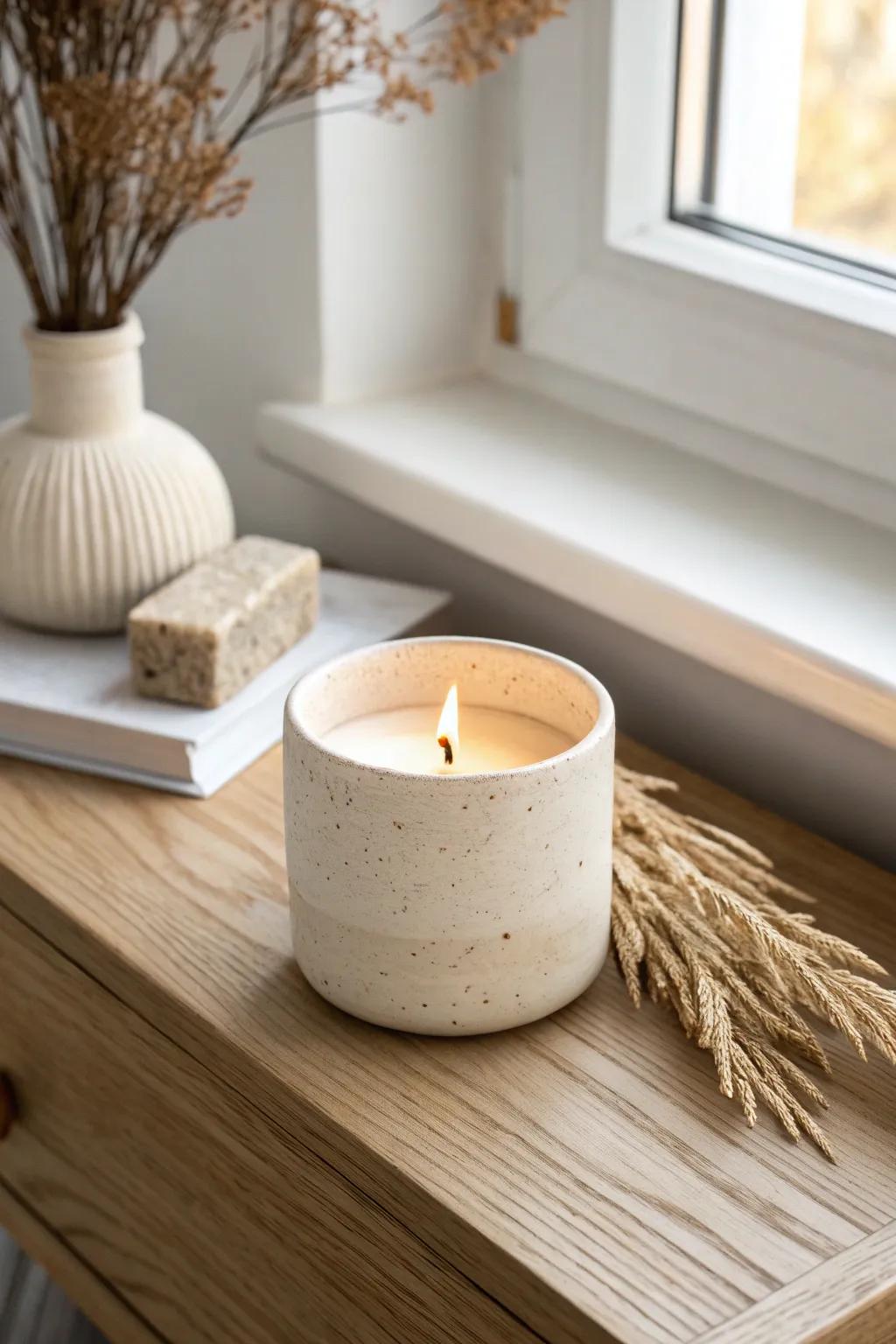 A tiny scent moment: one sculptural candle makes your entryway feel curated, not cluttered.