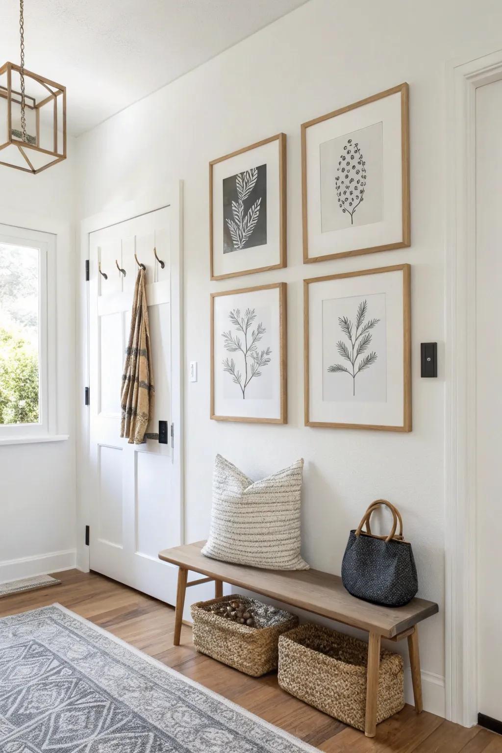 Corner gallery wall that doubles as storage: hidden hooks behind frames for keys and dog leash.