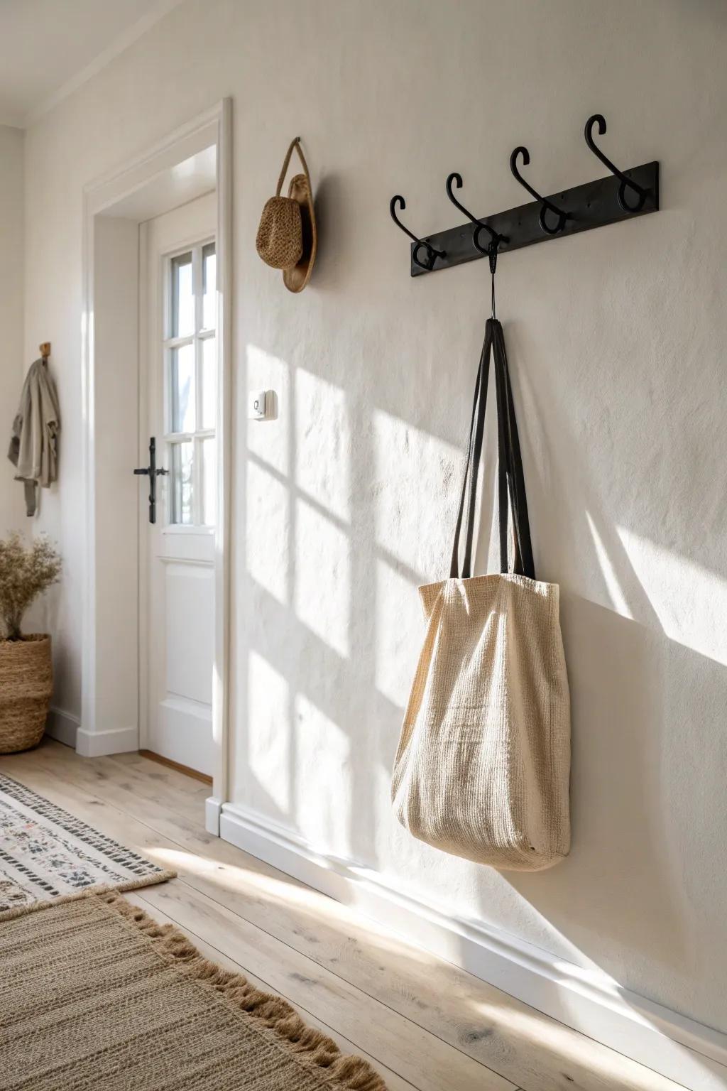 A ceiling-high hook keeps umbrellas and long totes hanging straight—no more tripping hazards.