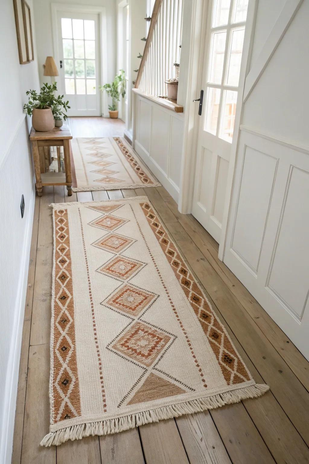 Two “sibling” runners create a long-entry look—coordinated color, handmade texture, perfect contrast.