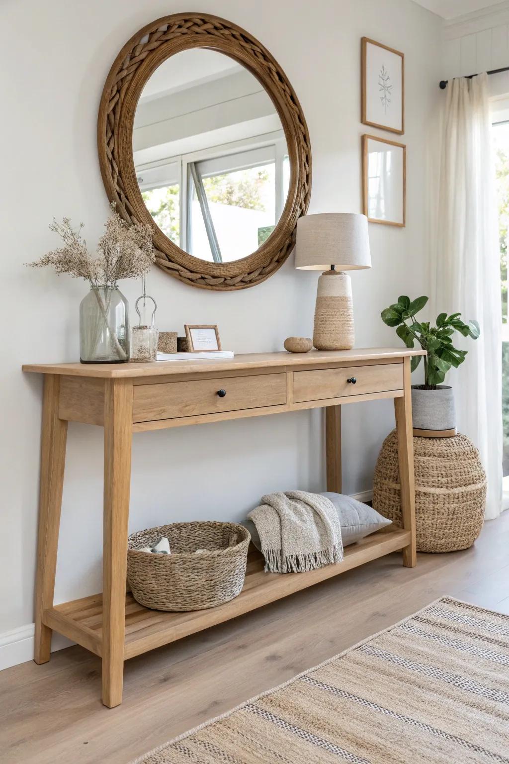 Layer a small frame in front of the mirror for a collected, designer entryway moment.