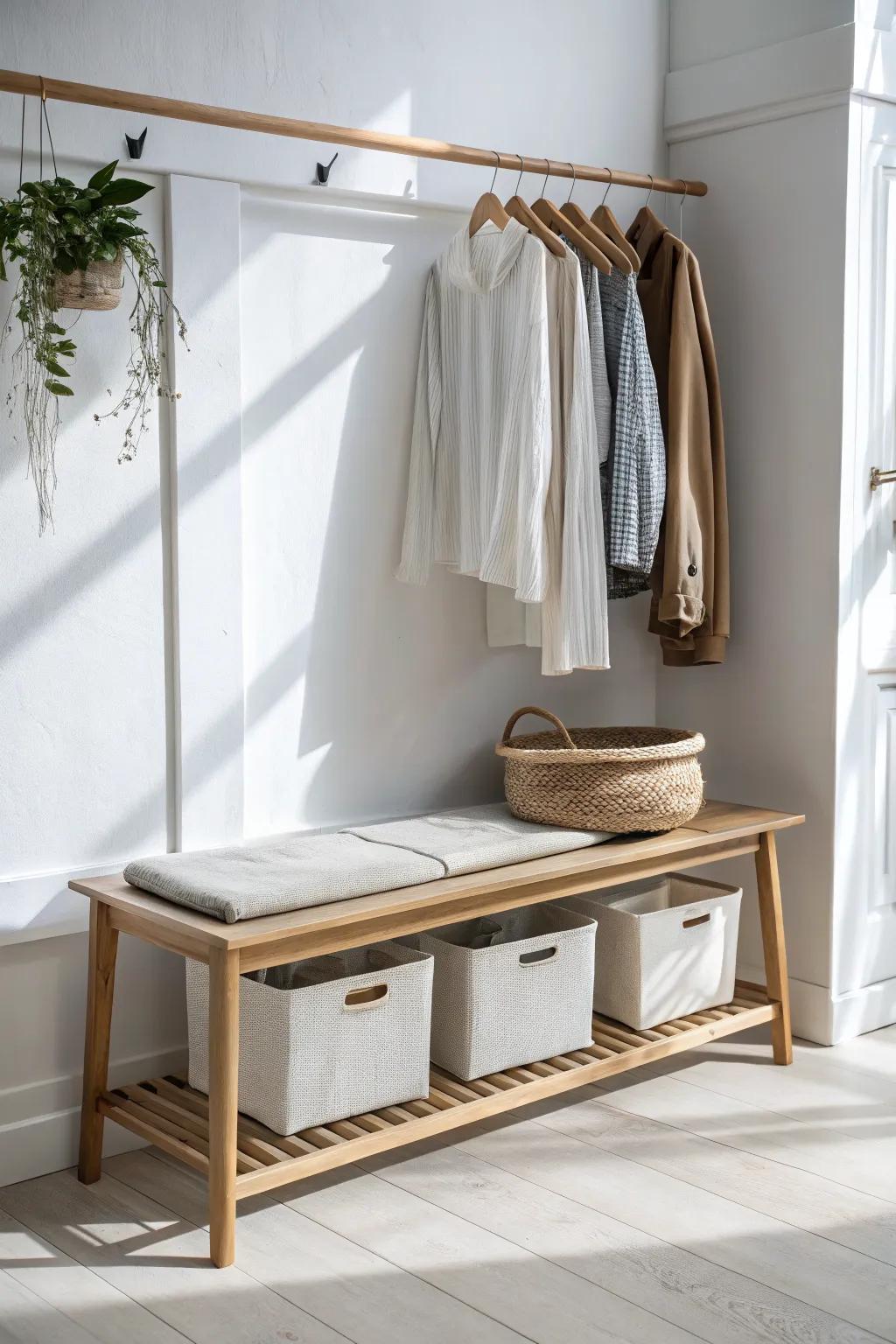Slide a slim bench under the hanging zone for a polished dressing spot with tidy bin storage.