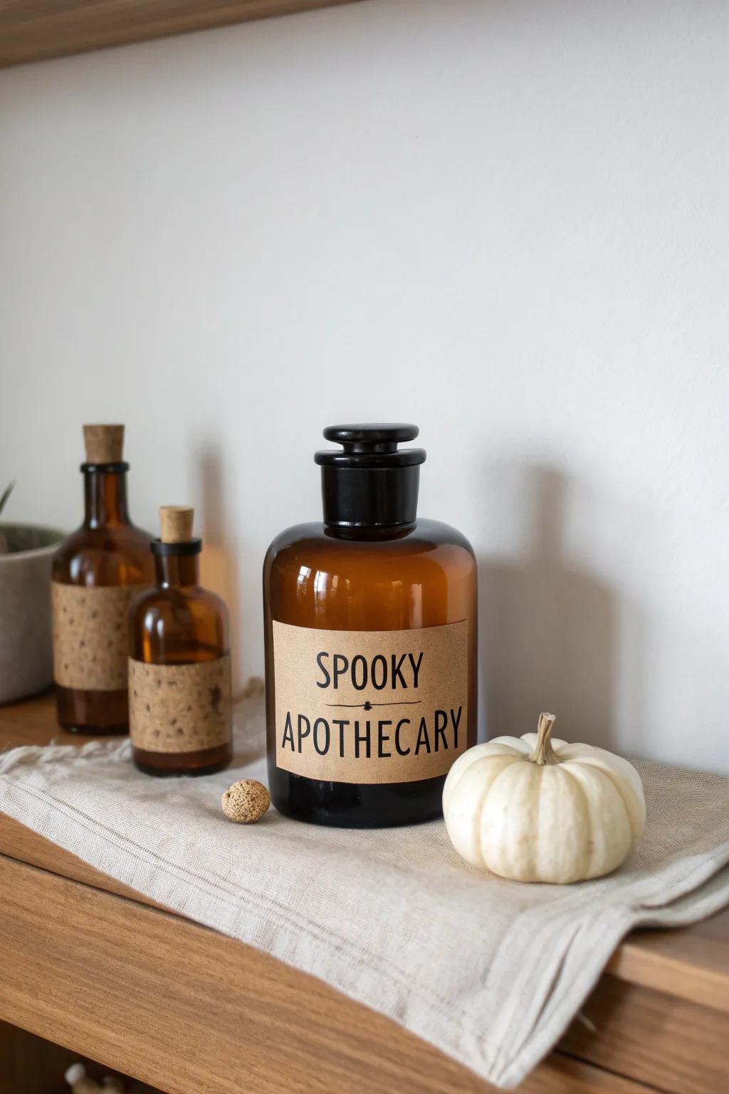 Moody spooky-shelf apothecary: dark bottles, tiny pumpkins, and minimalist fall charm.