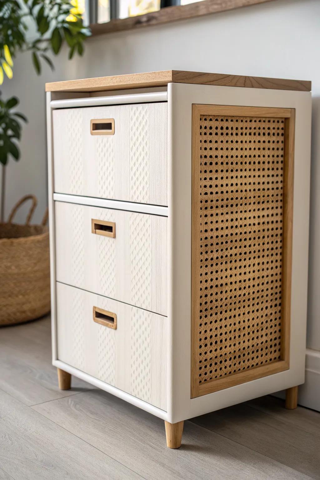 Airy cane webbing drawer insert turns a basic file cabinet into boutique-style storage.