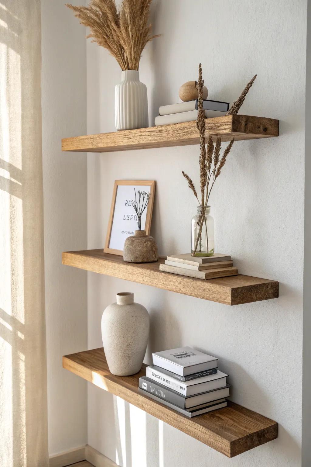 Staggered oak floating shelves turn a narrow, awkward wall into a soft, curated mini gallery.