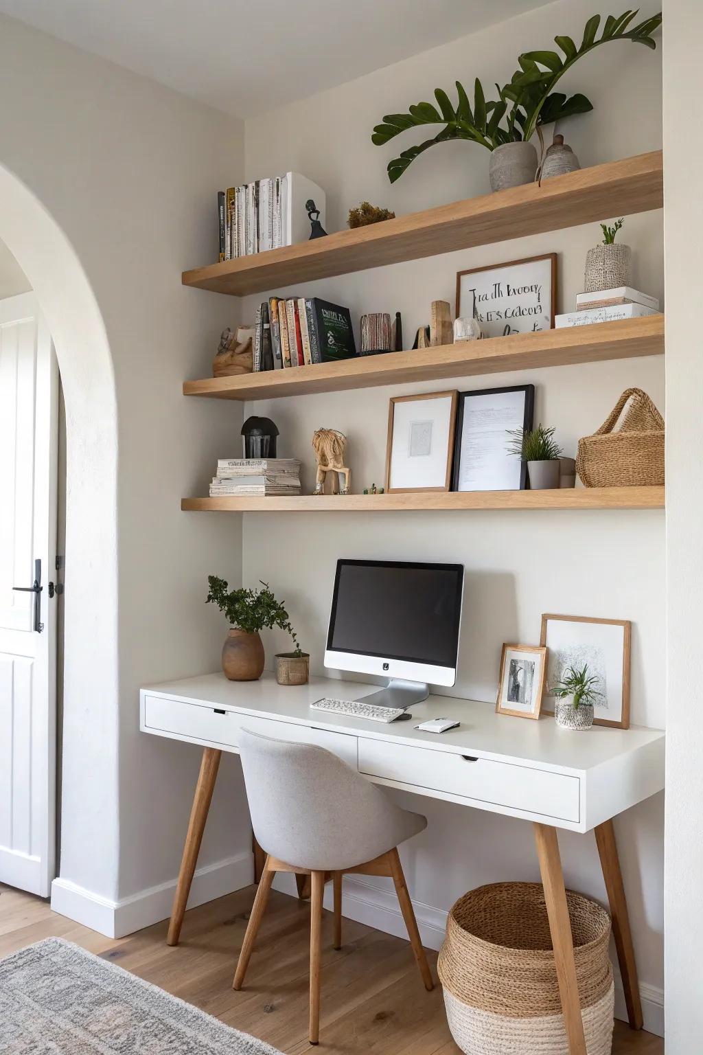 A painted arch frames floating shelves to create a defined, custom-looking desk nook in small spaces.