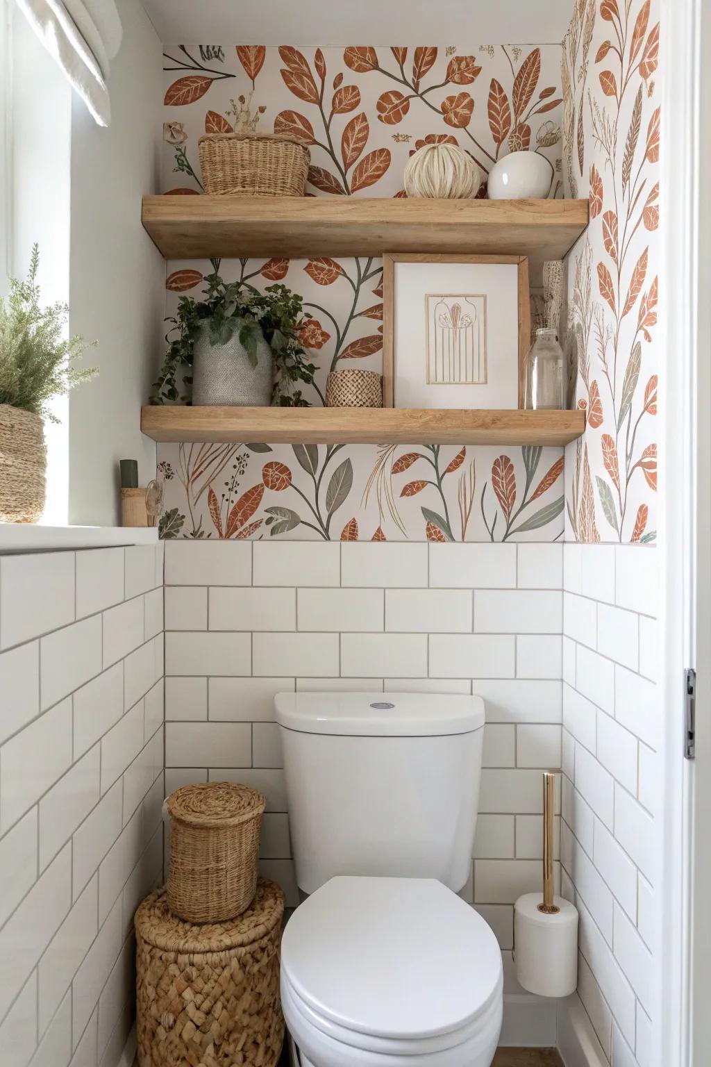A bold wallpaper strip turns floating shelves above the toilet into a curated focal point.