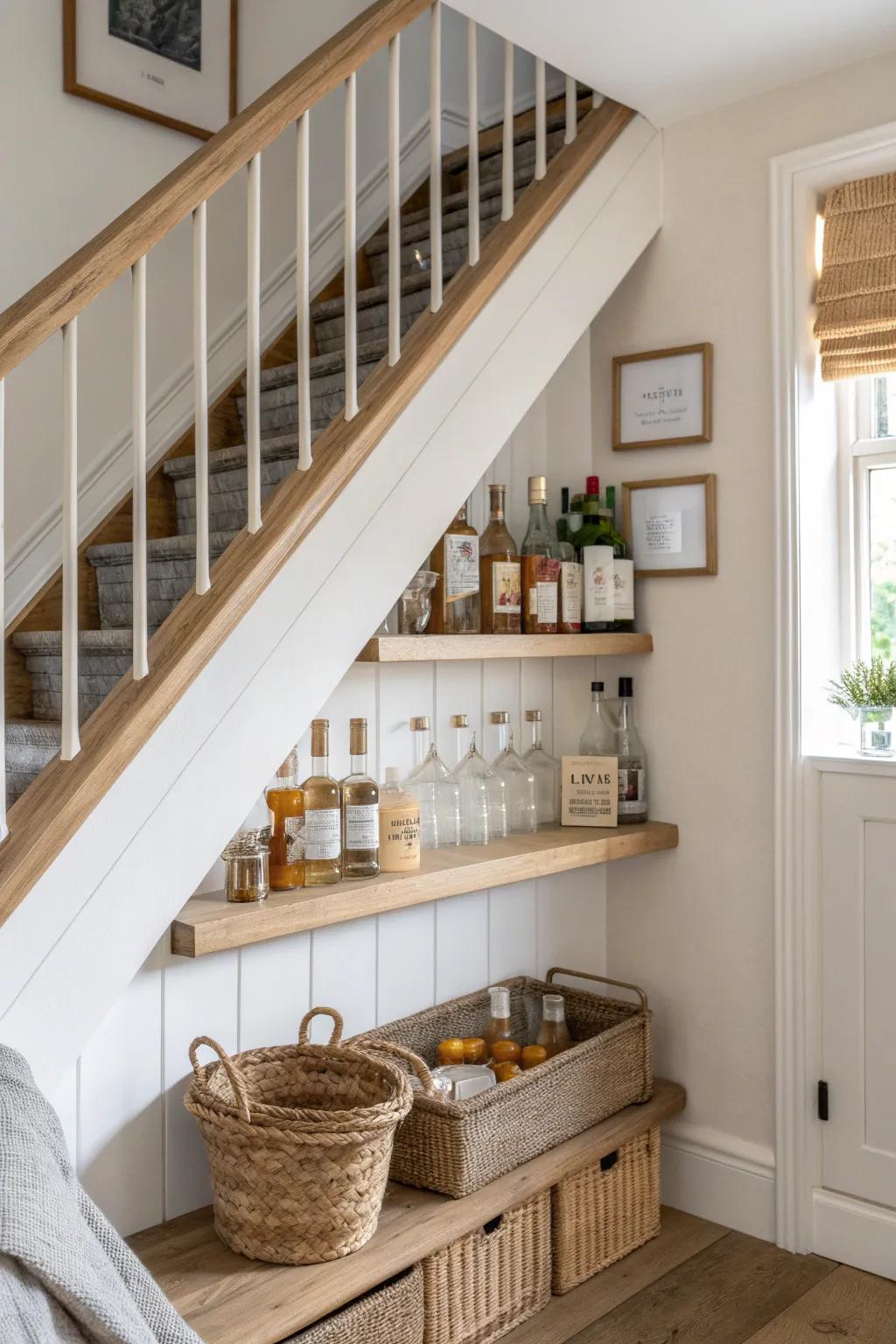Under-stairs floating shelf bar: staggered oak shelves with a woven tray for mixers.