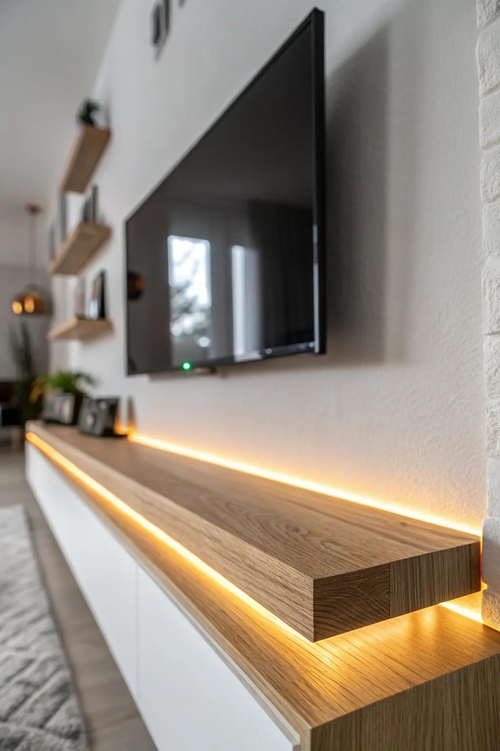 Warm under-shelf lighting creates a soft halo that instantly elevates your TV wall.