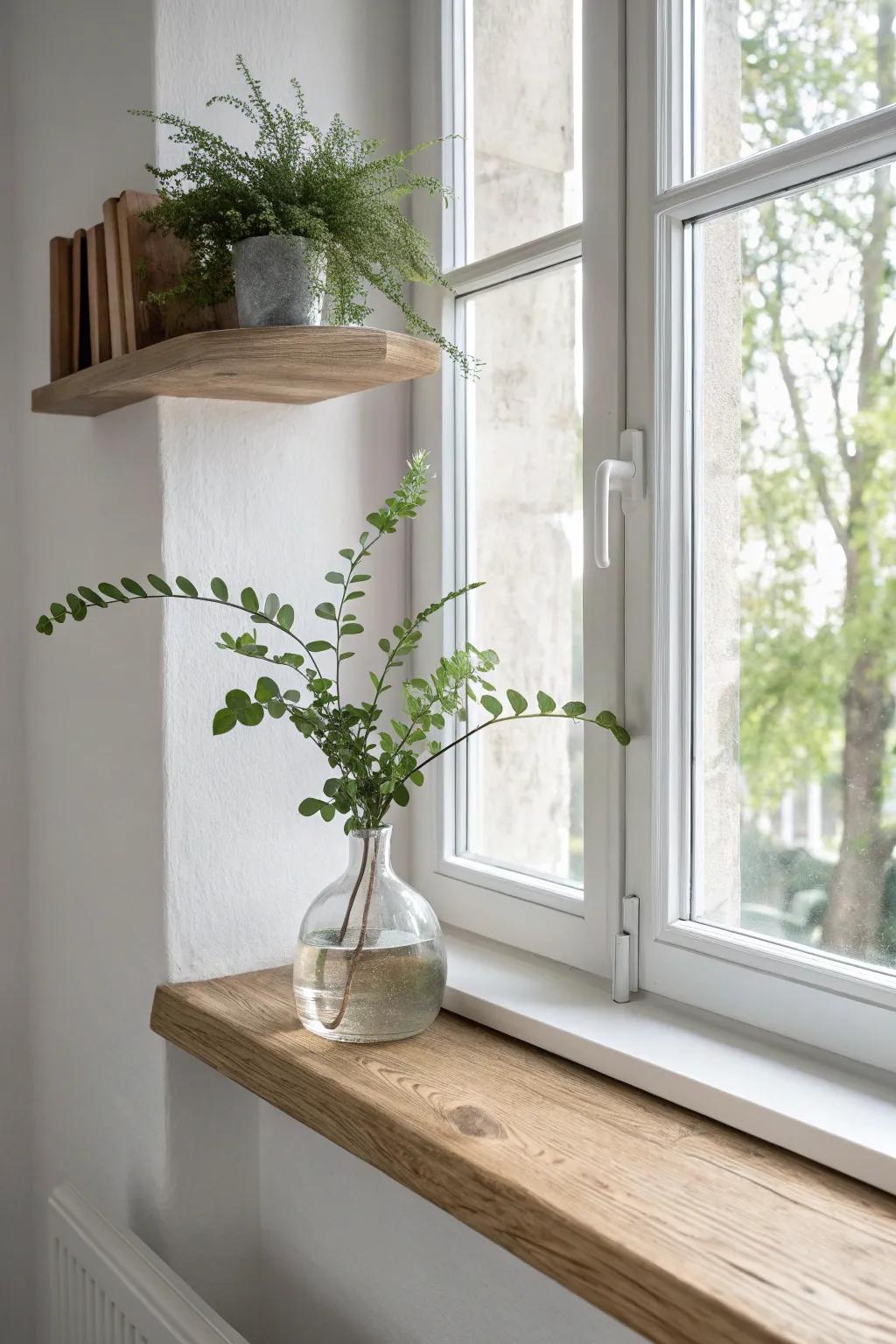 Floating shelf beside a window: narrower than the trim for a light, intentional look.