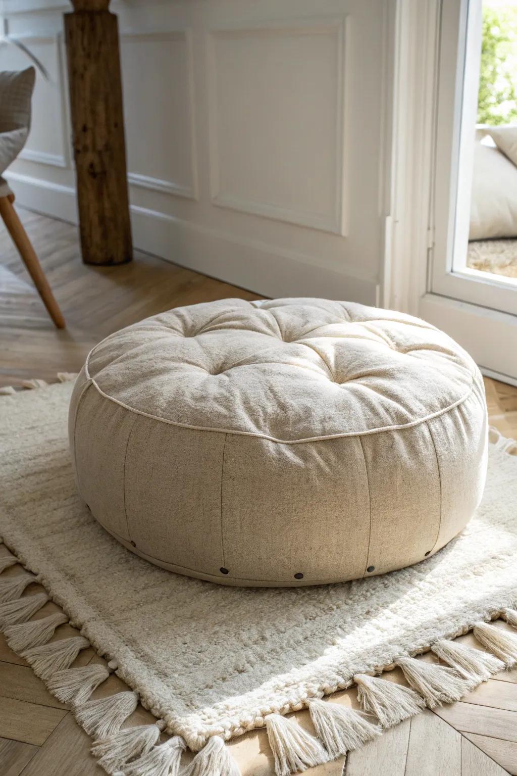 Soft, washable floor pouf for a kid-friendly seating zone—low, cozy, and easy to clean.