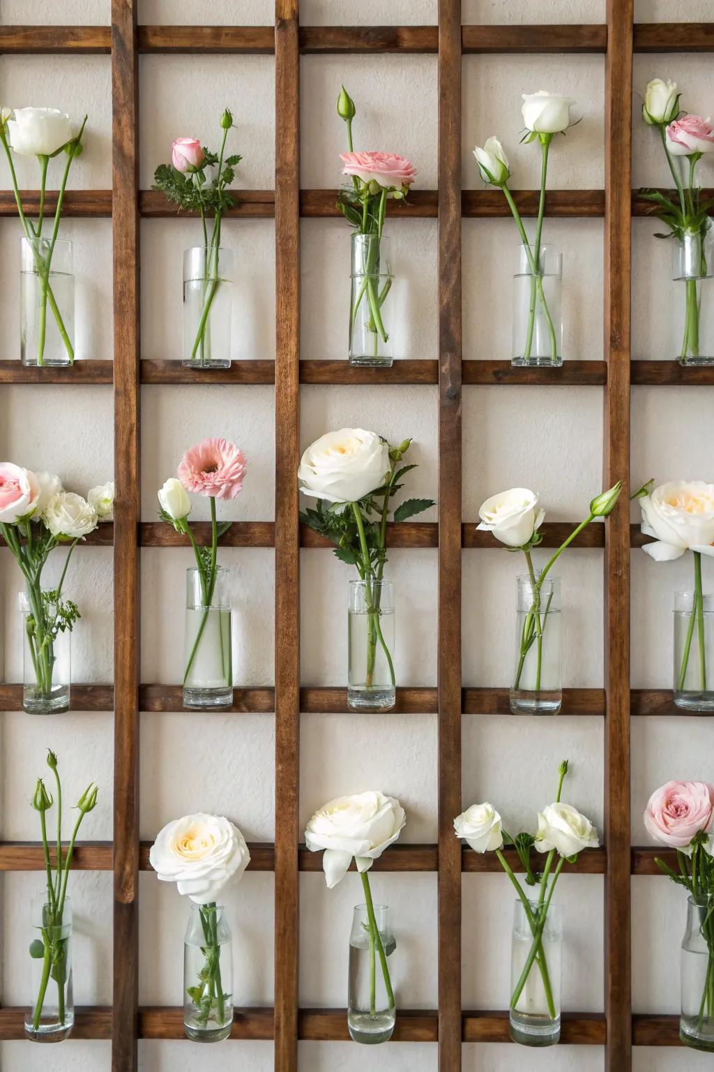 Modern grid flower wall—neat blocks of blooms that feel minimalist, boho, and photo-perfect.