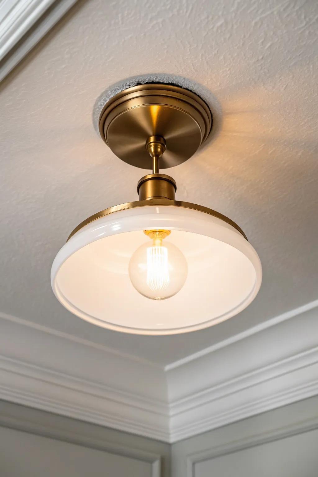 Ceiling-matched flush mount that nearly disappears—perfect for tiny entries with a calm, airy vibe.