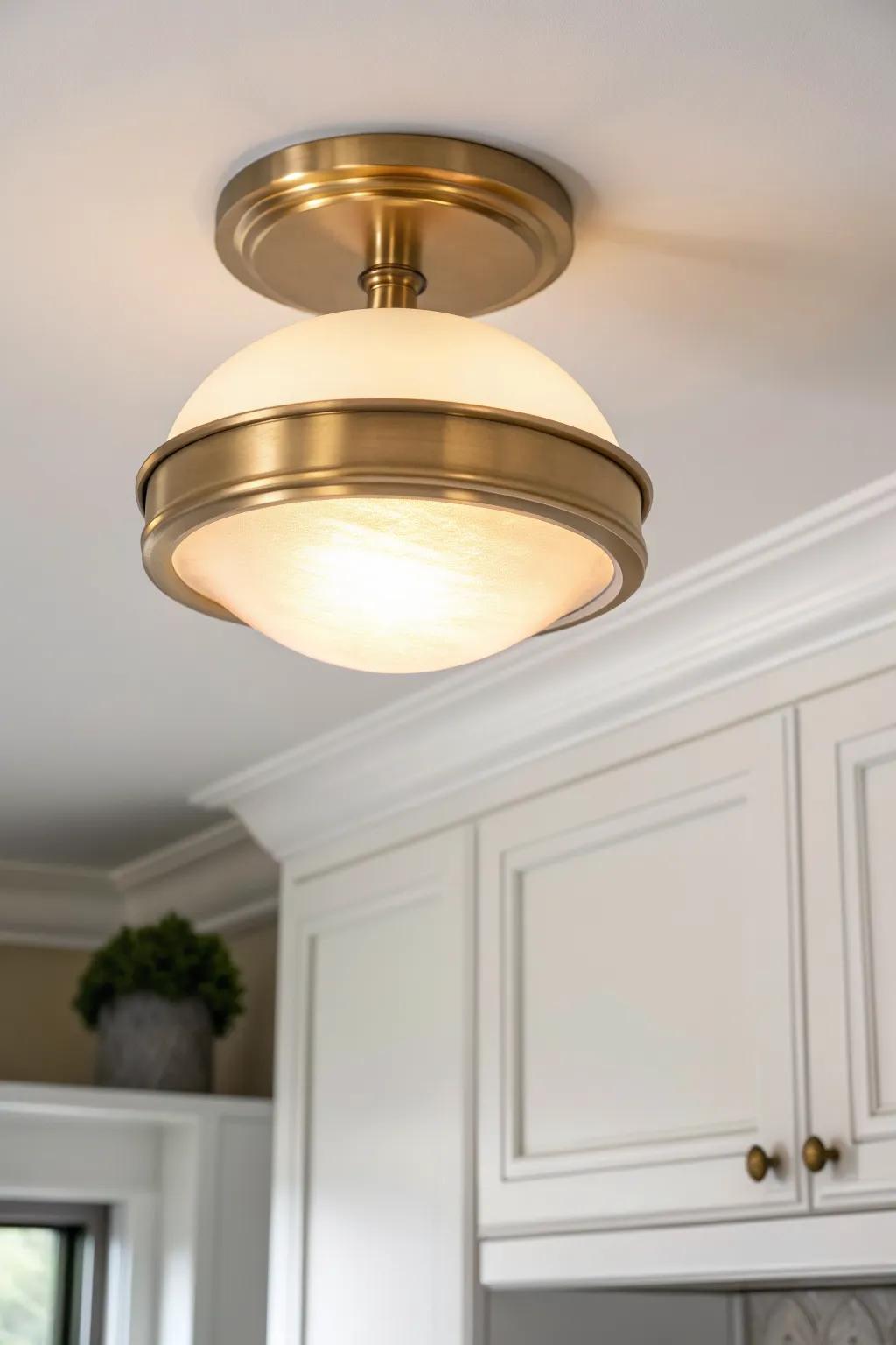 Warm brushed brass flush mount lighting adds an inviting glow to a small white kitchen.