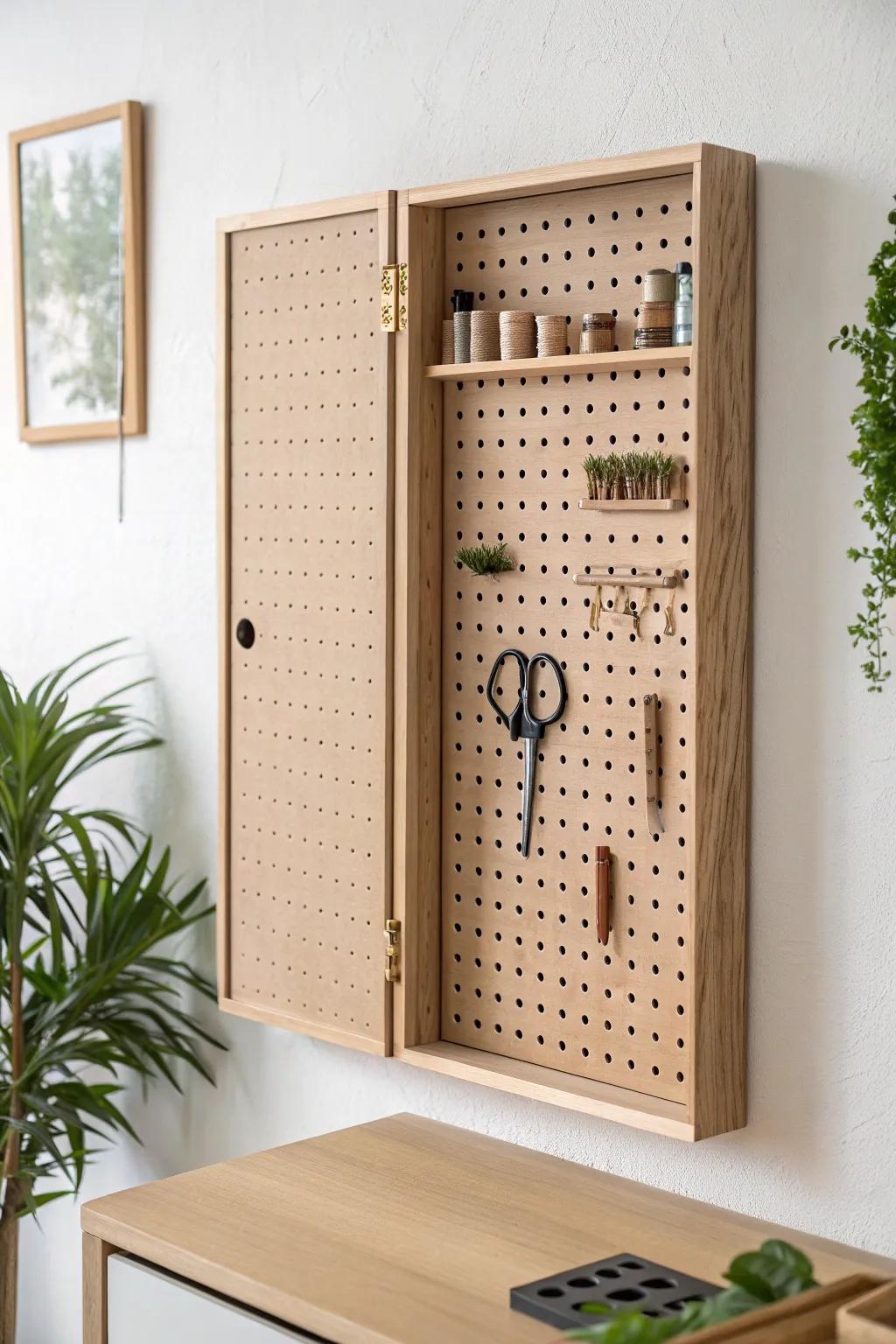 A foldable pegboard cabinet that swings shut—tidy storage with minimalist, warm charm.