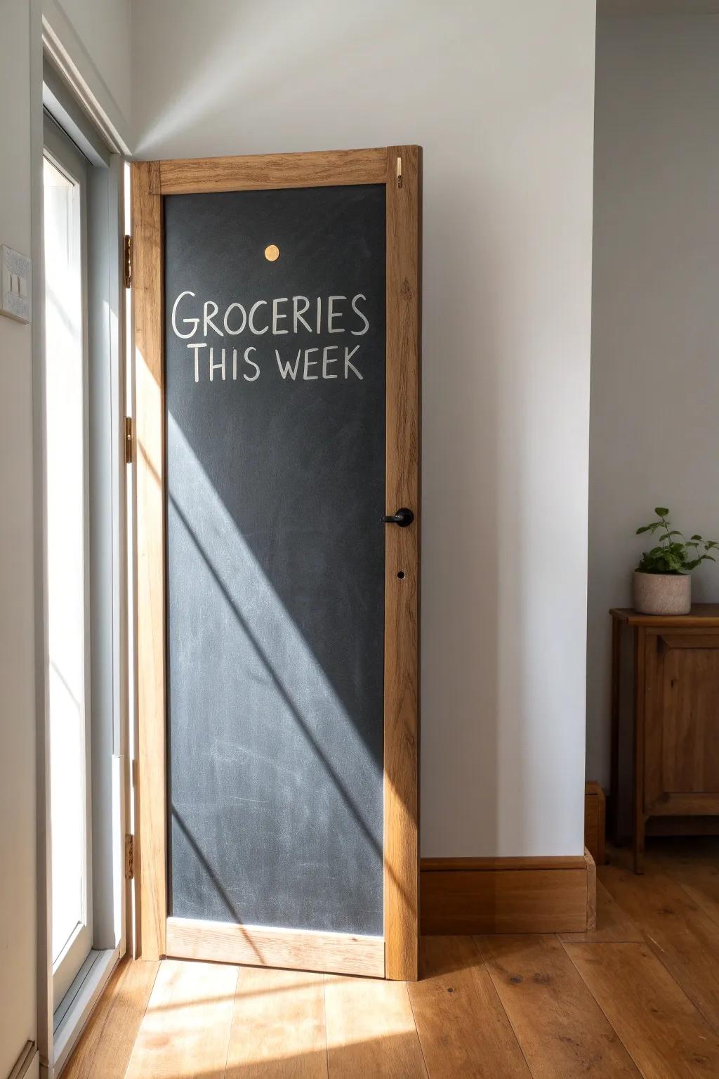 A folding door turned chic chalkboard—your small-space command center for lists and plans.