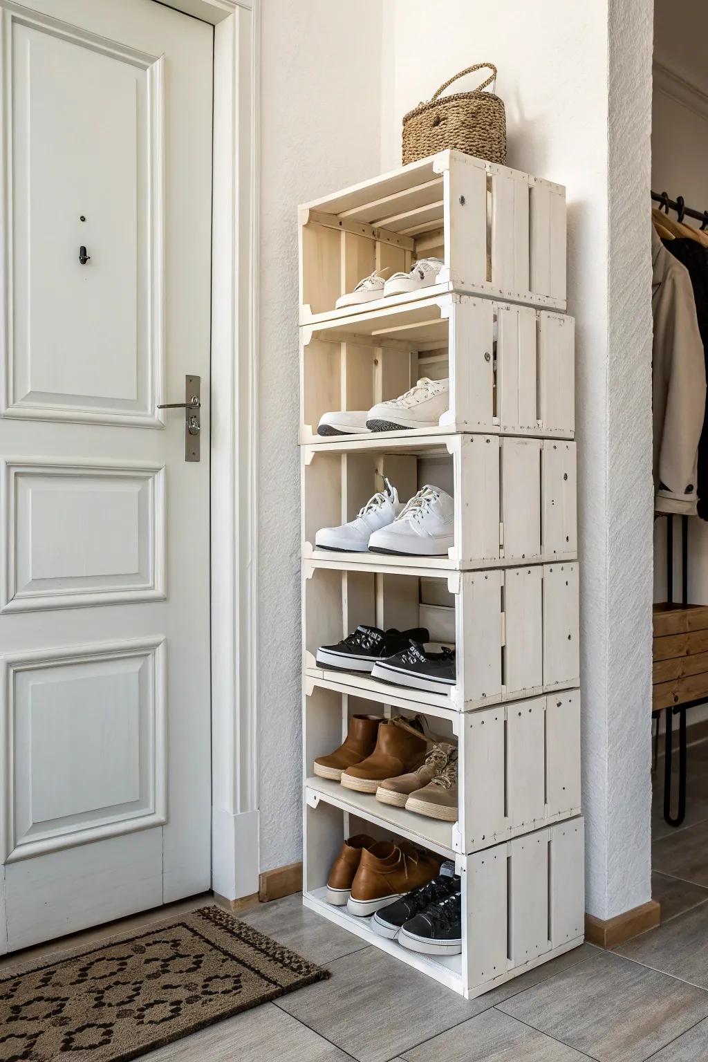 Painted stacked crates turn your entry wall into sleek, modular shoe cubbies—small-space magic.