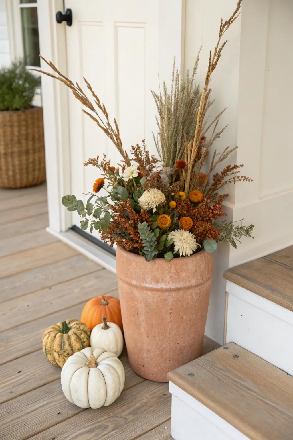 Add twig branches to your fall porch planter for instant height and a wild, gathered look.