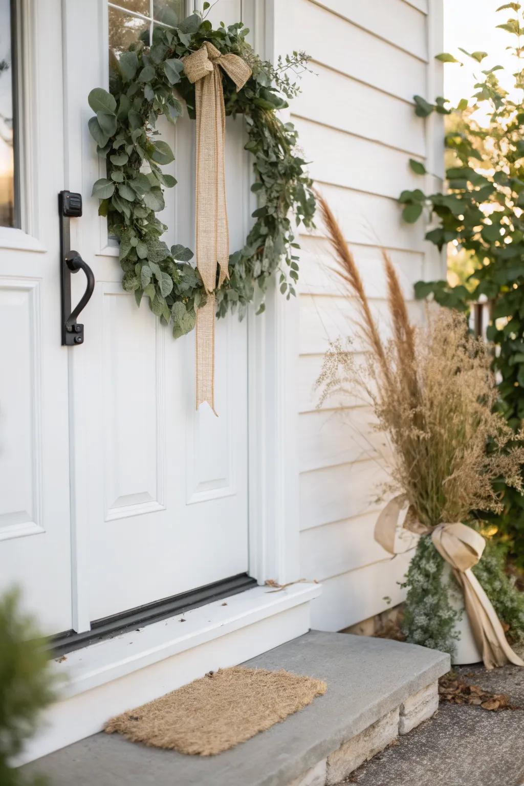 A simple eucalyptus garland frames the door for instant curb appeal—no floor space needed.