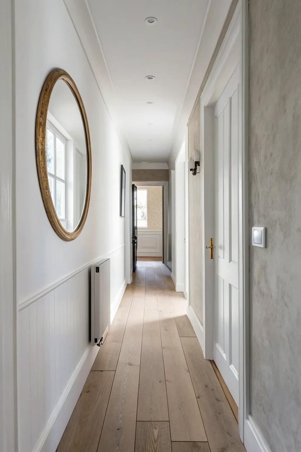 Moody end wall + a single brass-framed mirror creates boutique-hotel depth in a galley bath.