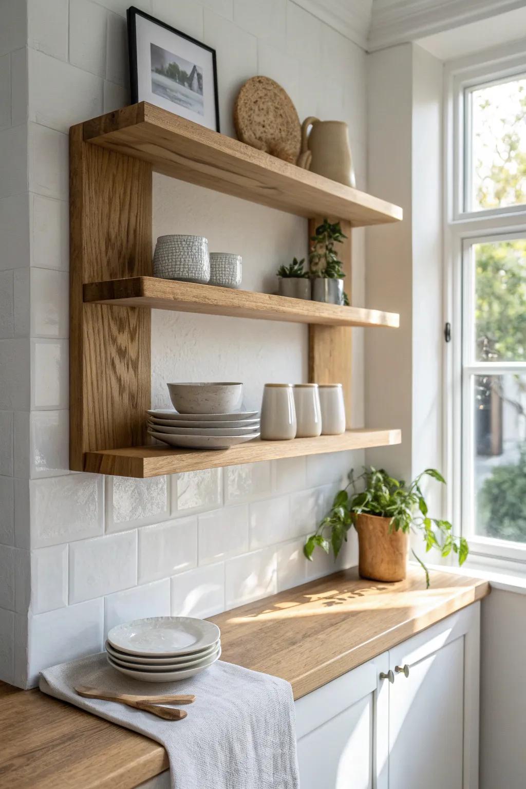 One wall of open shelving keeps a galley kitchen airy—style it with only the pretty basics.