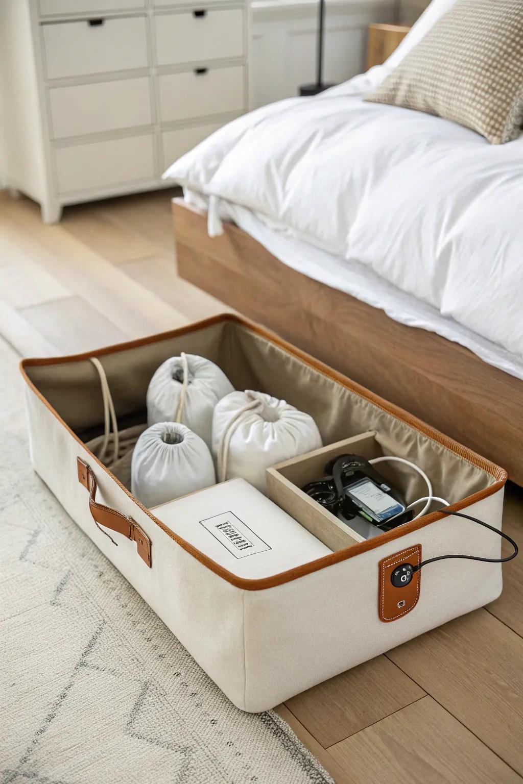 Hide backup consoles in a lidded under-bed bin with labeled cord bags for zero clutter.