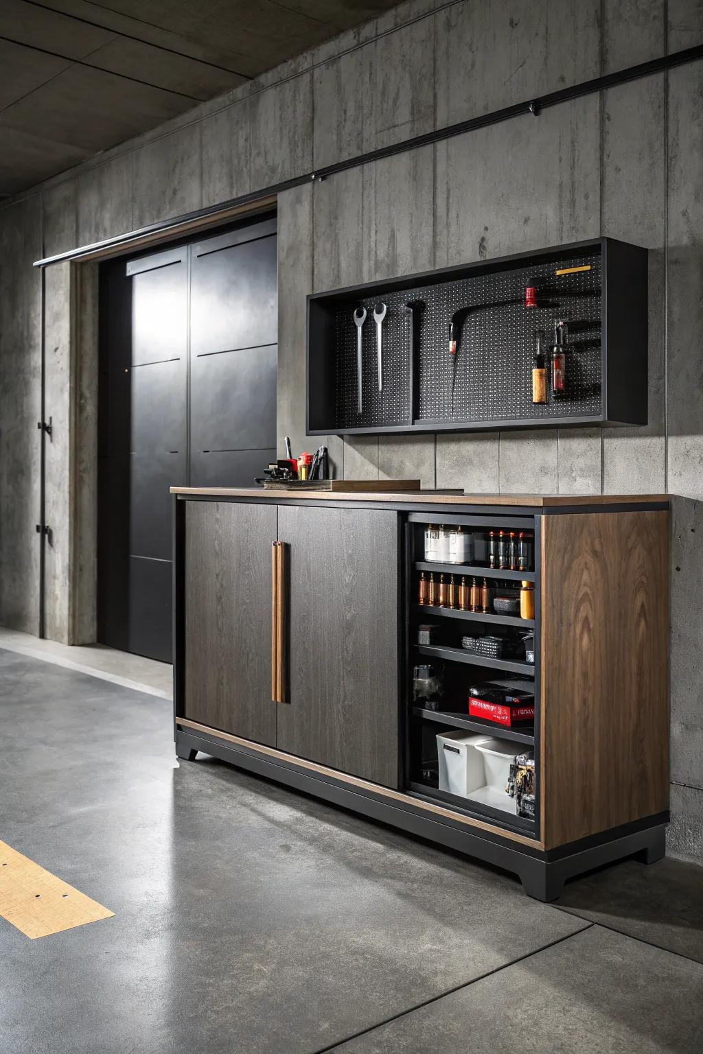 Maximize your garage space with stylish sliding door cabinets, where functionality meets modern design.