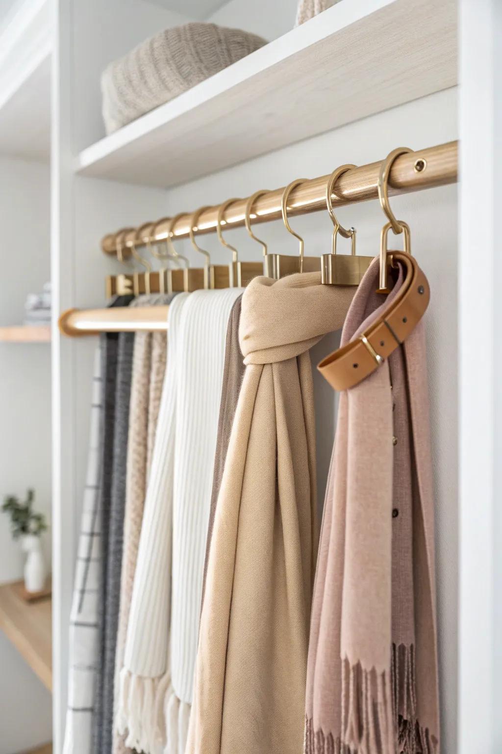 Pull-out scarf & belt spot: chic, visible storage that keeps every piece smooth and tangle-free.